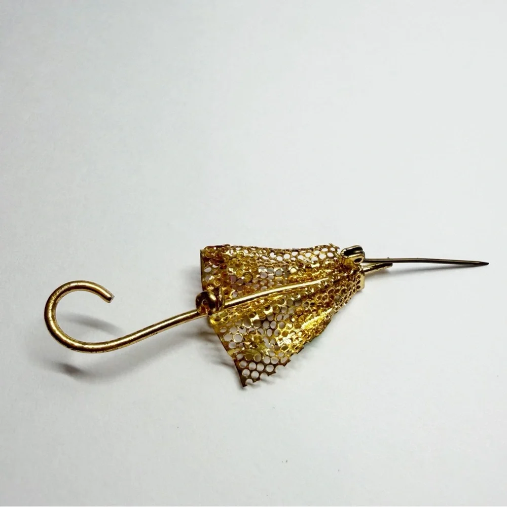Vintage Gold Tone Umbrella Enamel Floral Ladybug Brooch - Picture 7 of 8